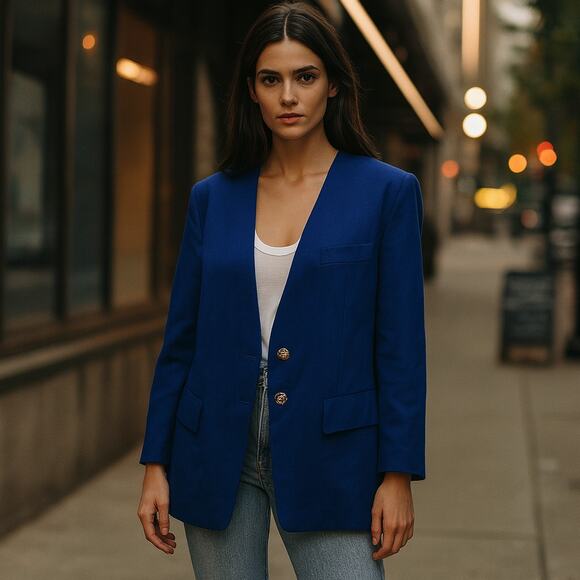 Louis Feraud Royal Blue Structured Blazer Gold Buttons Size 14 - Picture 1 of 5